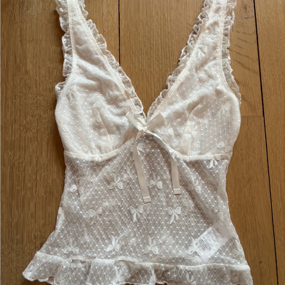 Urban Outfitters Cream Lace Chemise with Bow Details